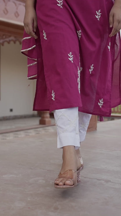 Wine Red Lucknow Chikankari Cotton Kurta Set With Dupatta (set of 3)