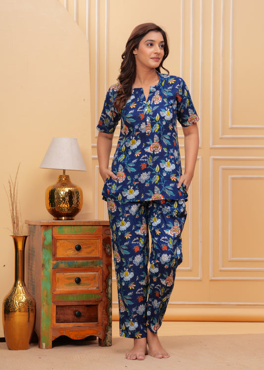 Blue Printed Floral Pure Cotton Coord Set