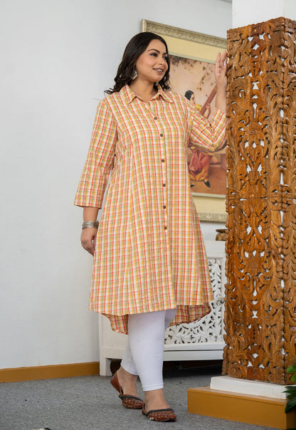 Peach-Orange Check Print Plus Size Cotton Kurta (Set Of 1)