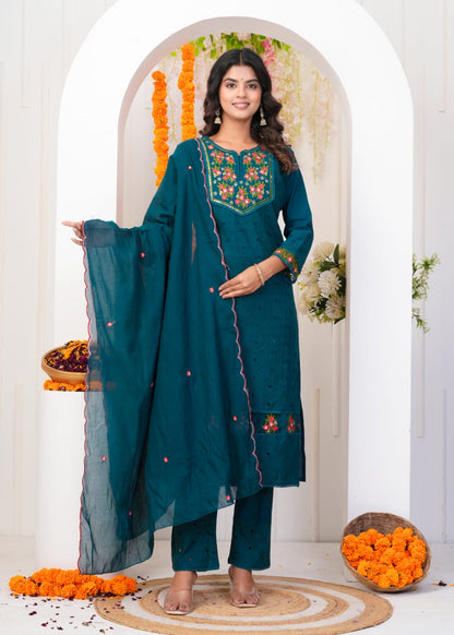 Cotton Shifli Kurta Pant with Full Dupatta Embroidary work on HEM