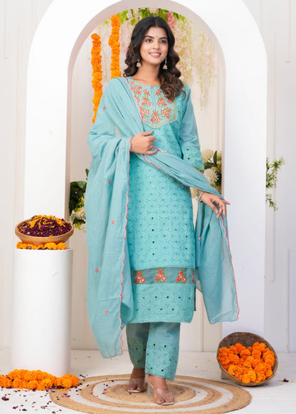 Cotton Shifli Kurta Pant with Full Dupatta Embroidary work on HEM