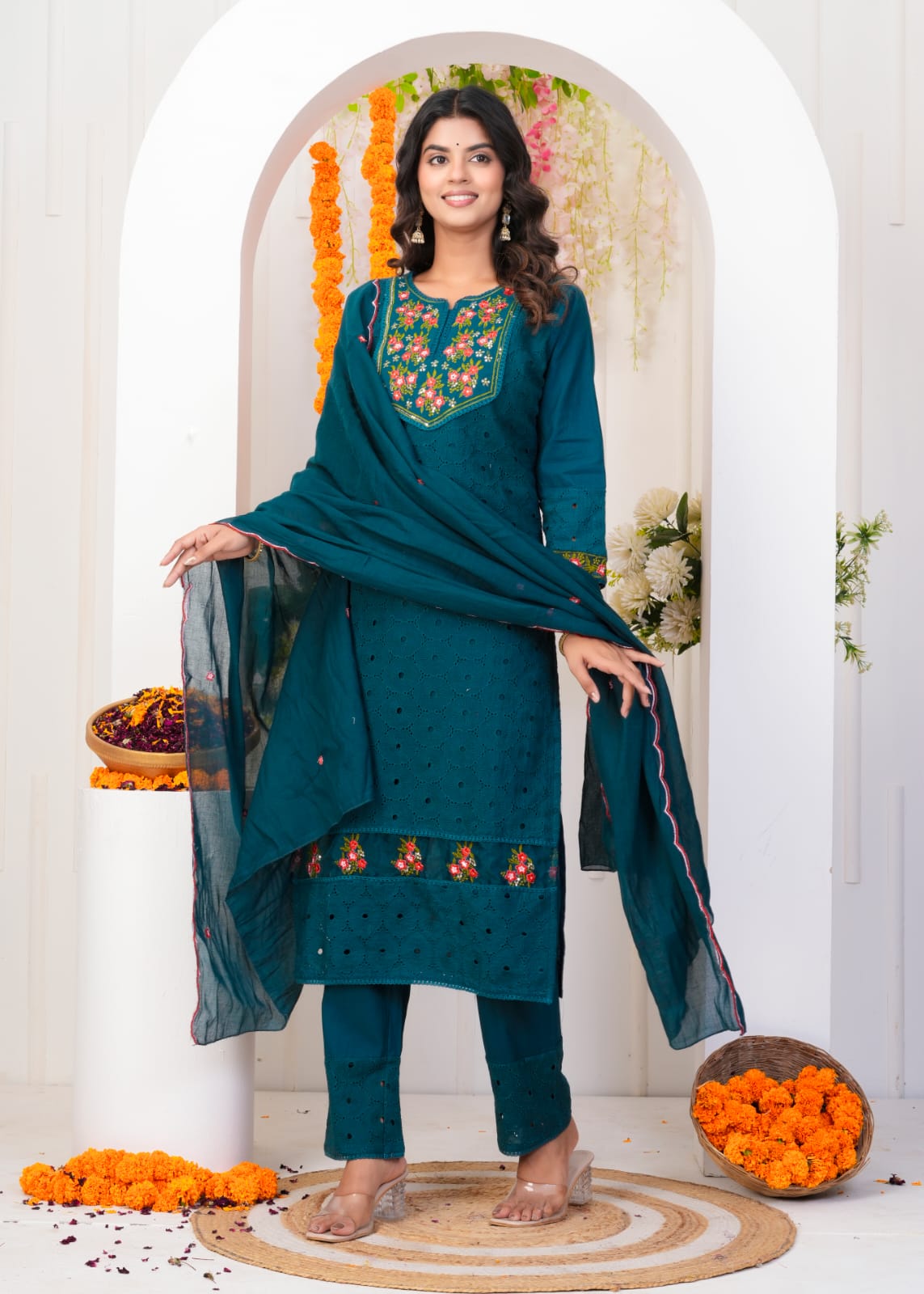 Cotton Shifli Kurta Pant with Full Dupatta Embroidary work on HEM