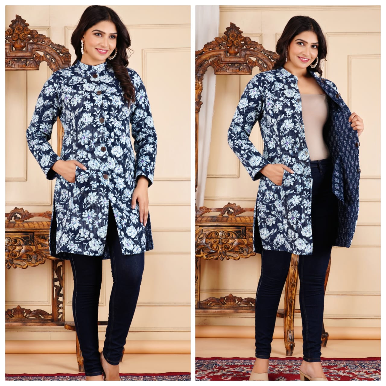 Long Reversible Quilted Coat (Exotic Floral )