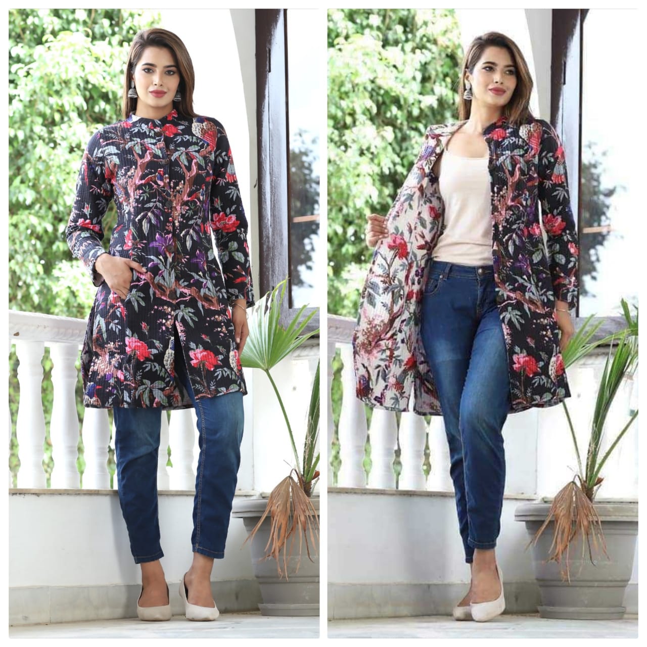 Long Reversible Quilted Coat (Urban Floral )