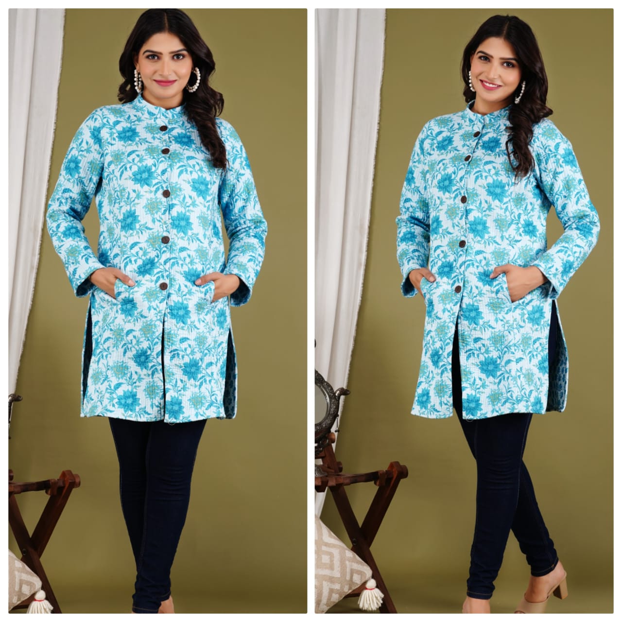 Long Reversible Quilted Coat (Exotic Floral )