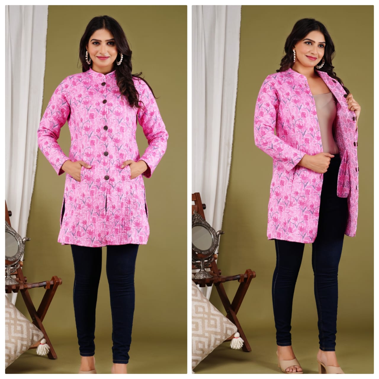 Long Reversible Quilted Coat (Exotic Floral )