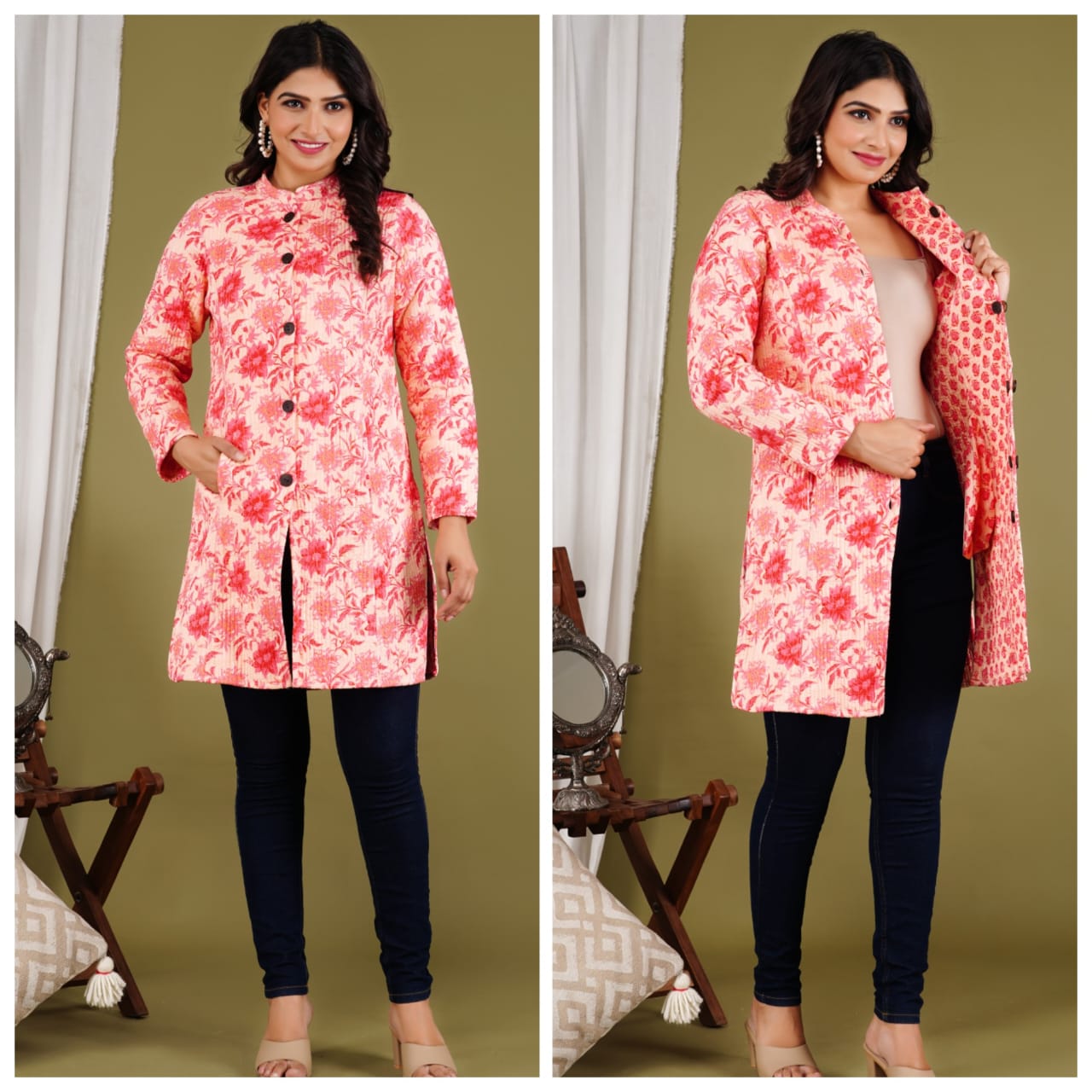 Long Reversible Quilted Coat (Exotic Floral )