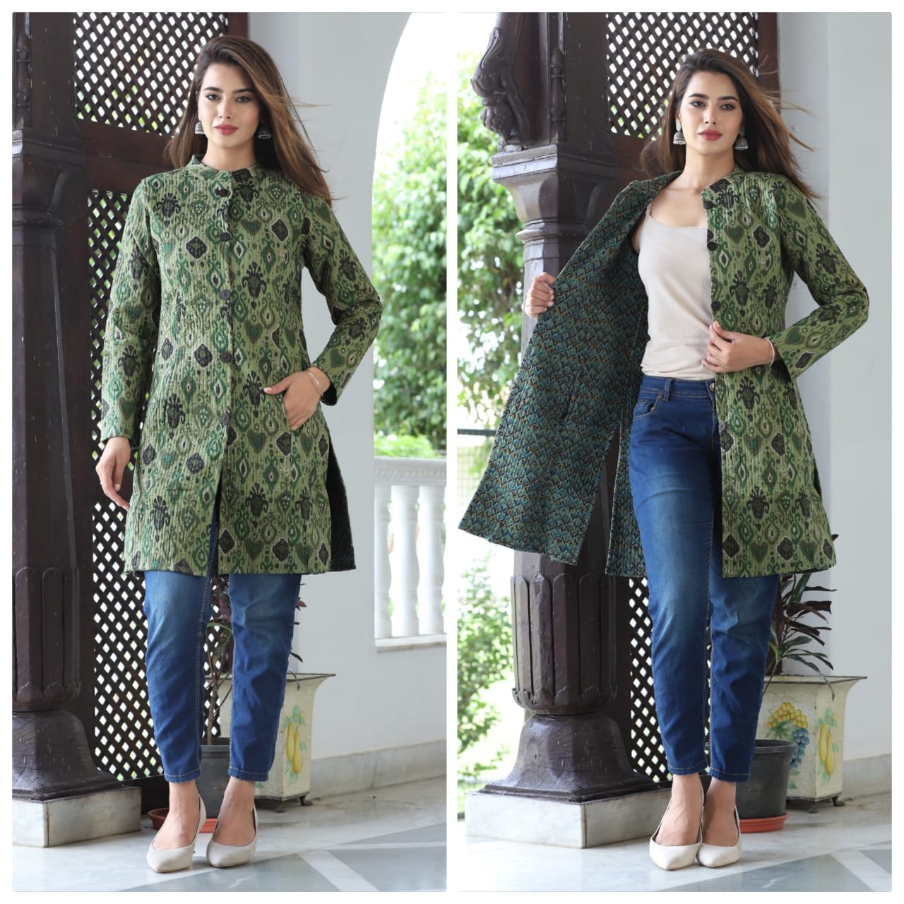 Long Reversible Quilted Coat (Exotic Floral )