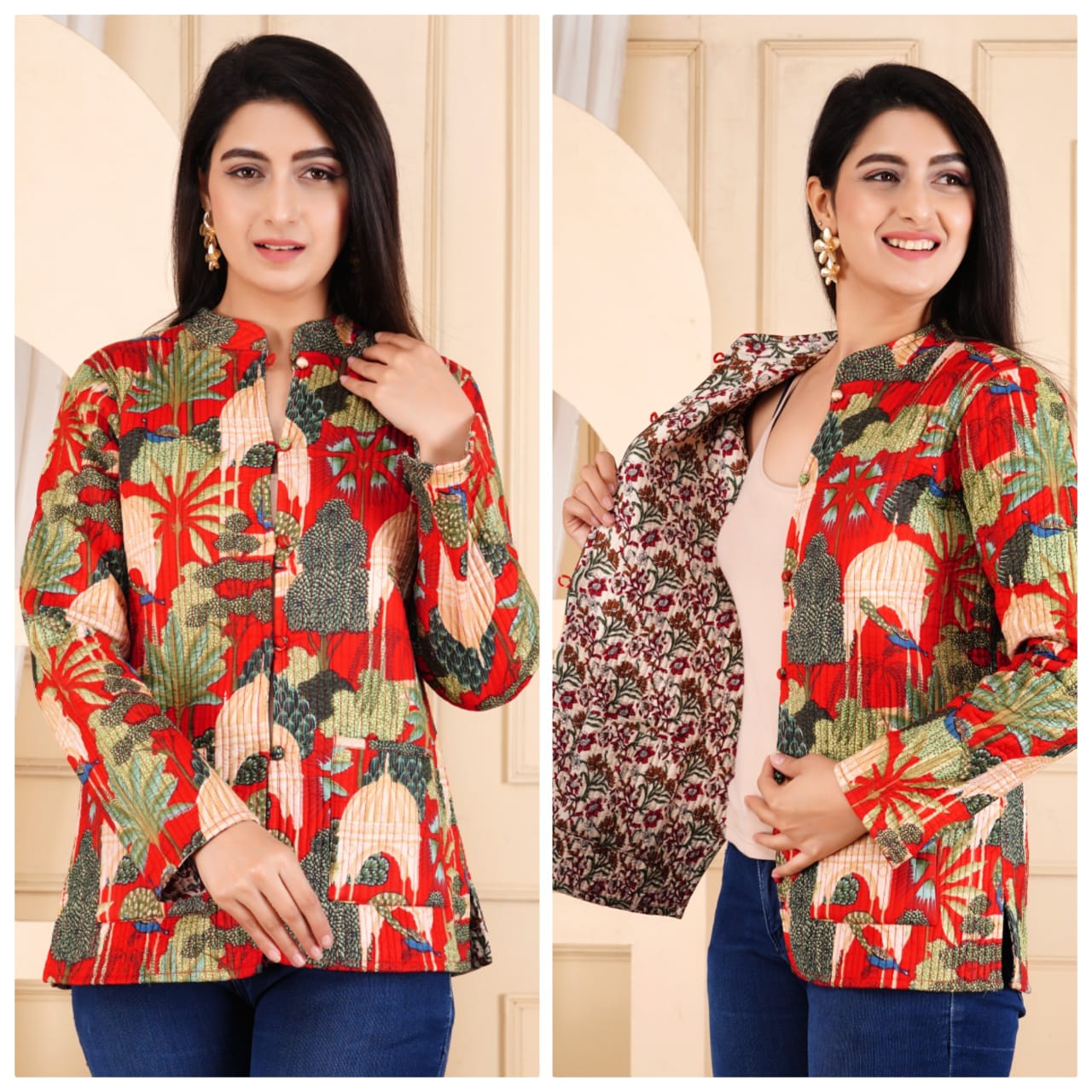 Quilted Reversible Jackets Coat (Tropical floral)