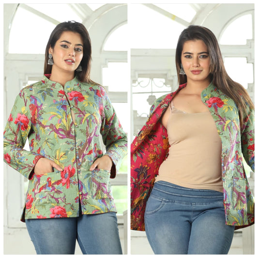 Quilted Reversible Jackets Coat (Tropical floral)