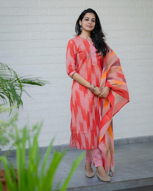 South Cotton Handloom Kurti with Temple Border on Yoke and Sleeves with Pants and Dupatta