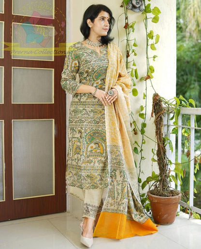 Fine Rayon Fabric with Heavy Rajasthani Print Kurti, Pant, and Cotton 100x100 Dupatta