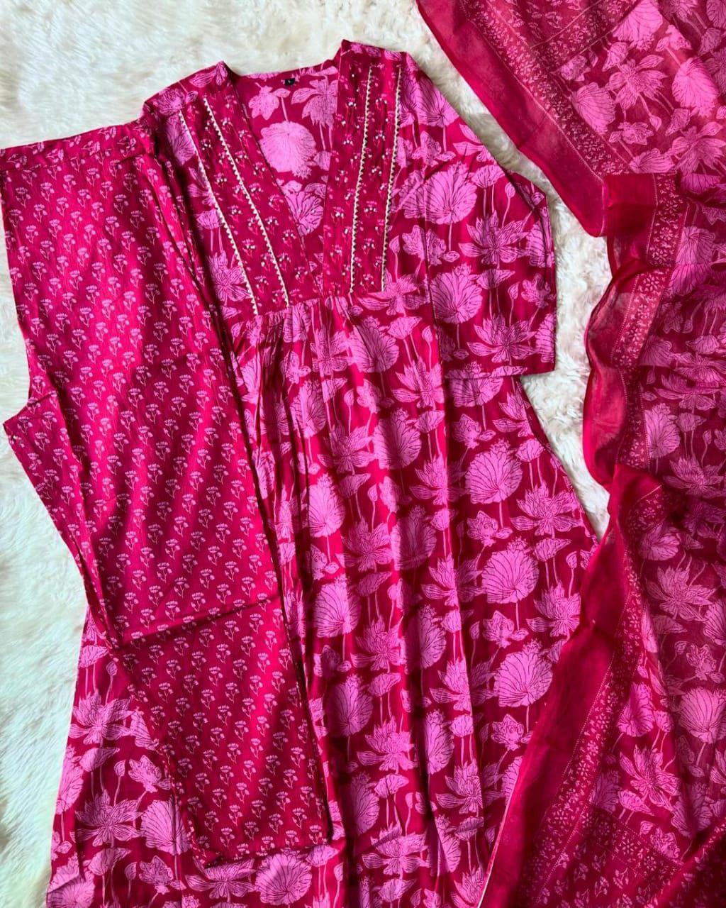 A-line Pant Set with Vibrant Floral Print with Side Pocket , Matching Dupatta