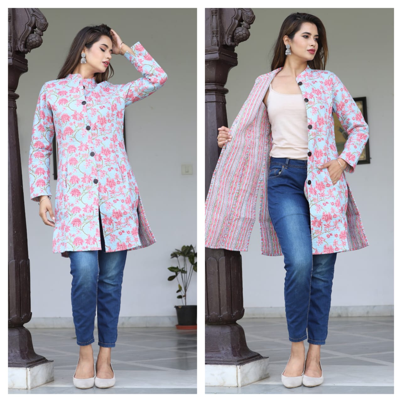 Long Reversible Quilted Coat (Urban Floral )