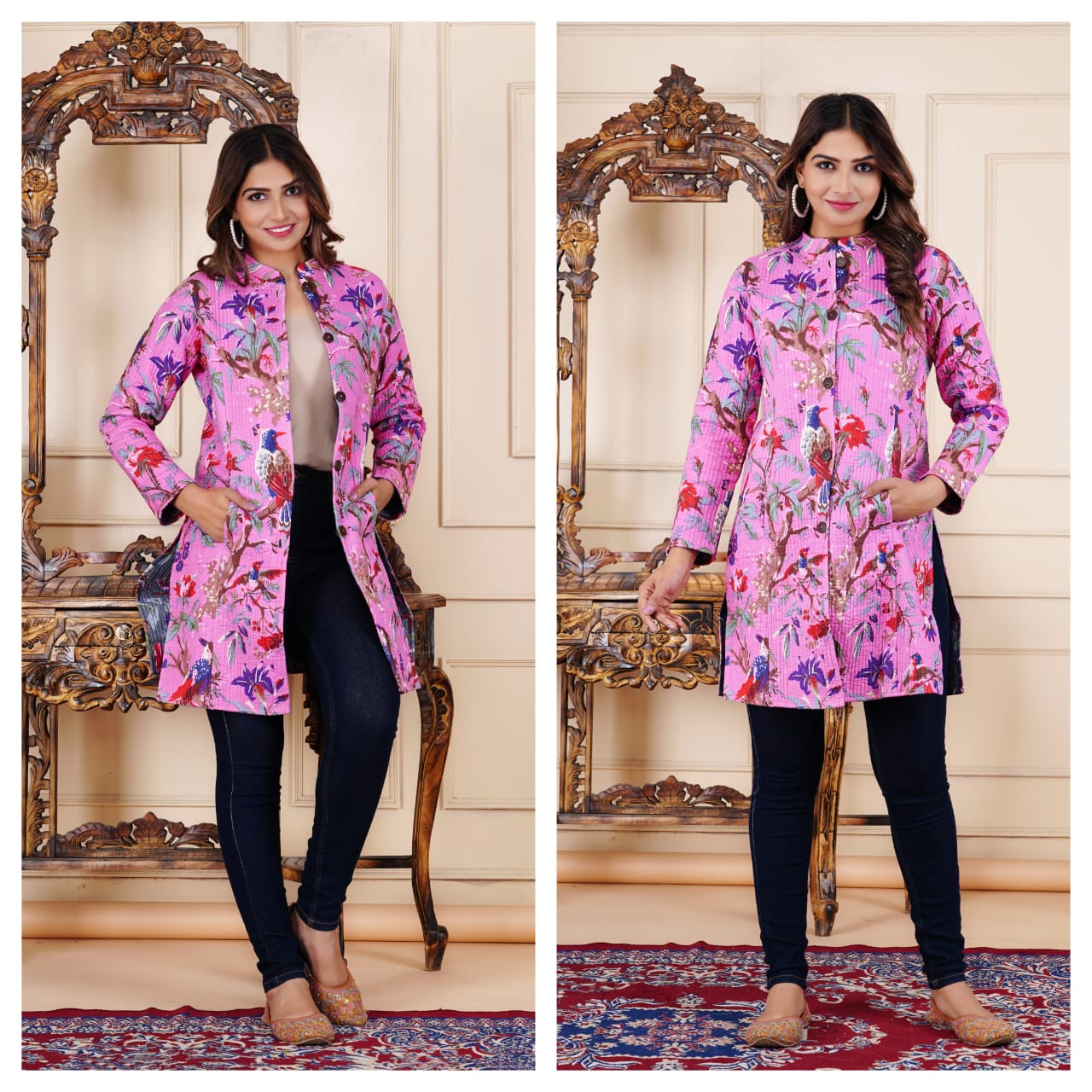 Long Reversible Quilted Coat (Exotic Floral )