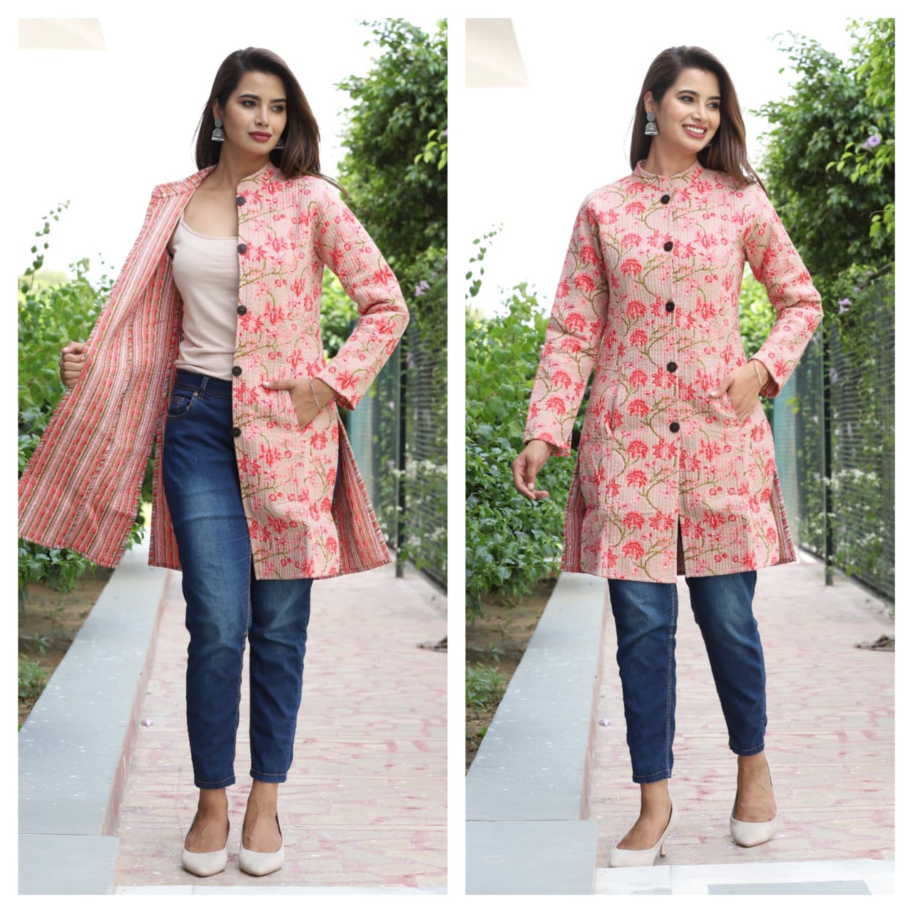 Long Reversible Quilted Coat (Urban Floral )