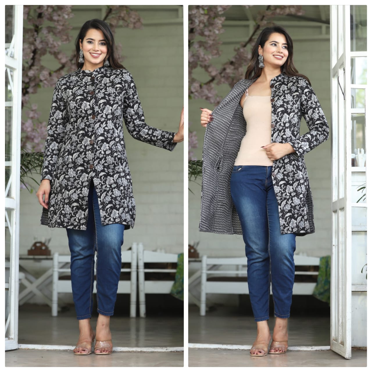 Long Reversible Quilted Coat (Urban Floral )