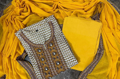 Cotton Suit set with handwork and prints, matching pants and dupatta