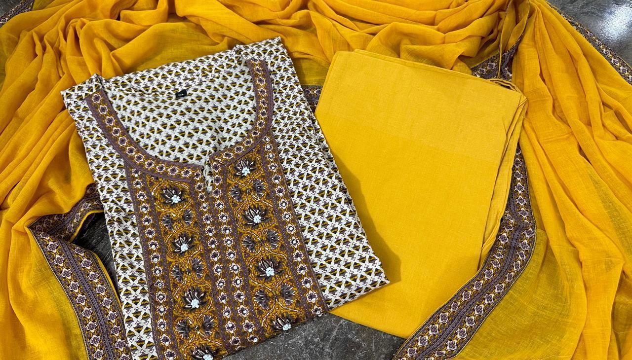 Cotton Suit set with handwork and prints, matching pants and dupatta