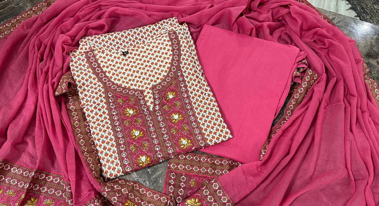 Cotton Suit set with handwork and prints, matching pants and dupatta