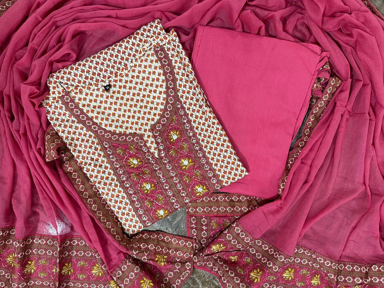 Cotton Suit set with handwork and prints, matching pants and dupatta