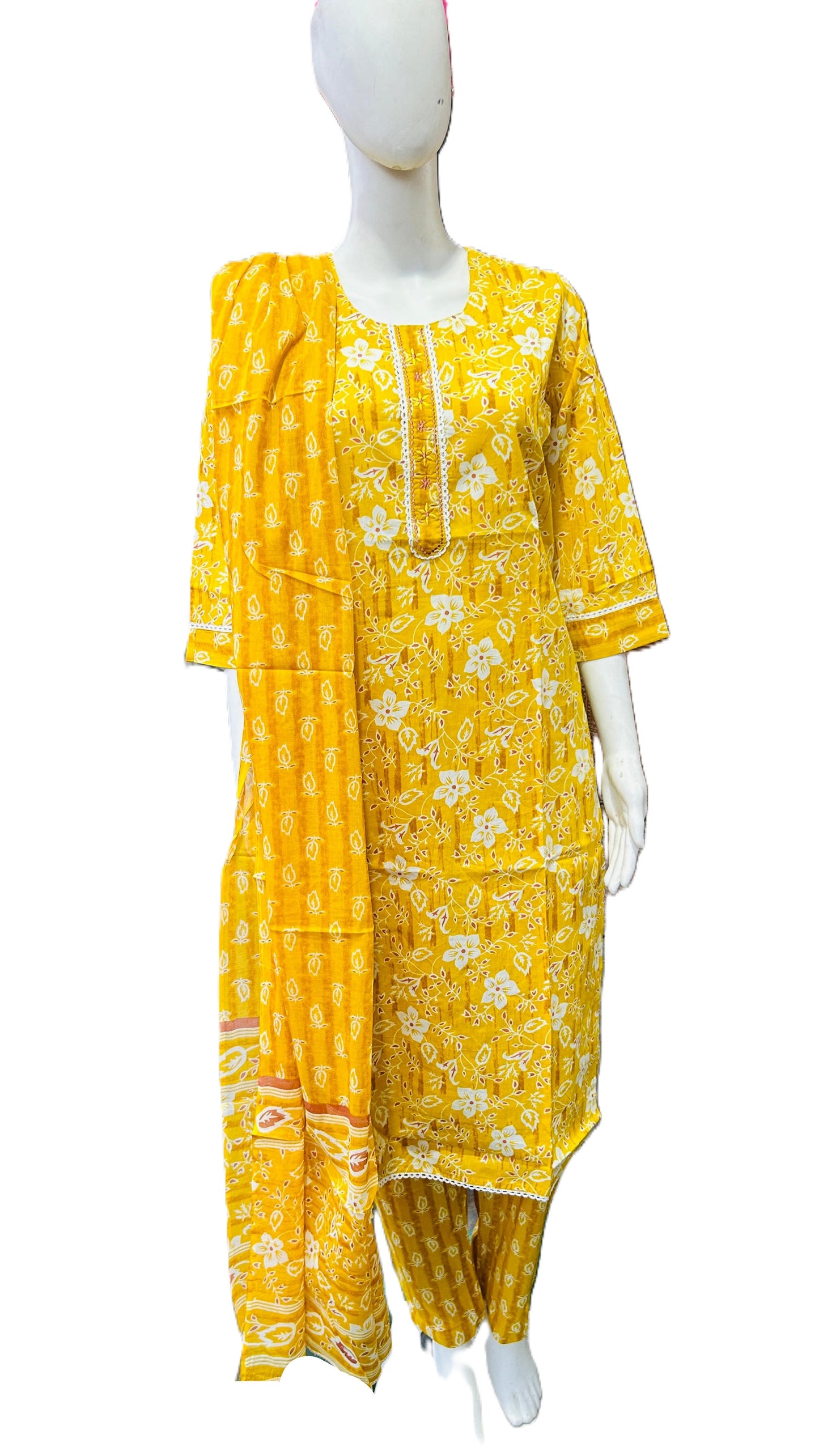 Flower print yellow Kurti pair with trouser and Dupatta