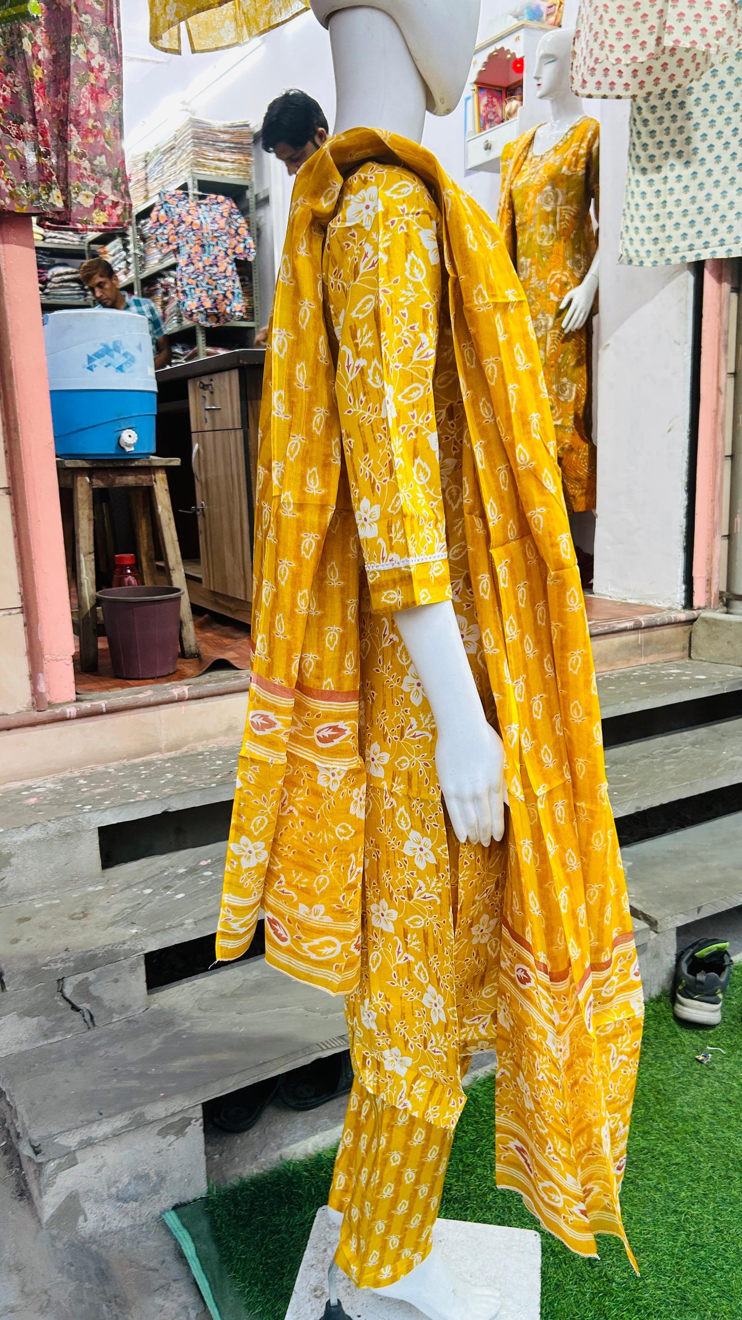 Flower print yellow Kurti pair with trouser and Dupatta