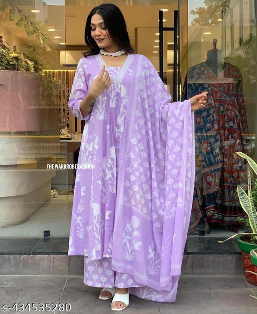 Lavender Cotton 3-Piece Kurti Set with Trouser & Dupatta, A-Line Pattern, and Handwork on Yoke