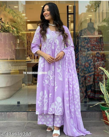 Lavender Cotton 3-Piece Kurti Set with Trouser & Dupatta, A-Line Pattern, and Handwork on Yoke