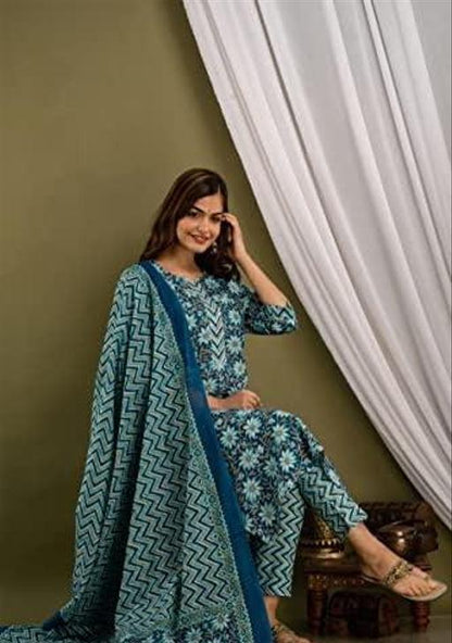 Sanganeri Print Cotton Kurti Set with Dupatta & Trouser