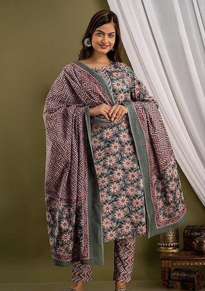 Sanganeri Print Cotton Kurti Set with Dupatta & Trouser