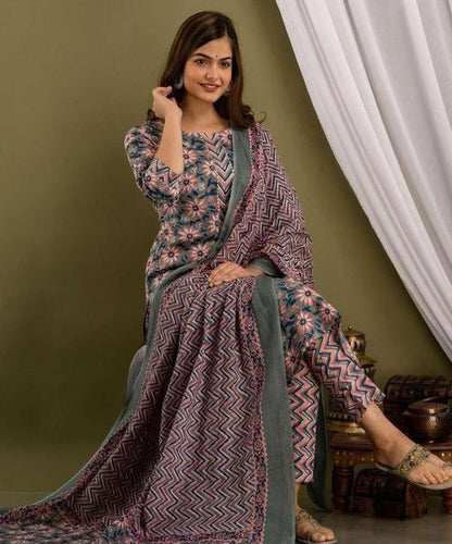 Sanganeri Print Cotton Kurti Set with Dupatta & Trouser