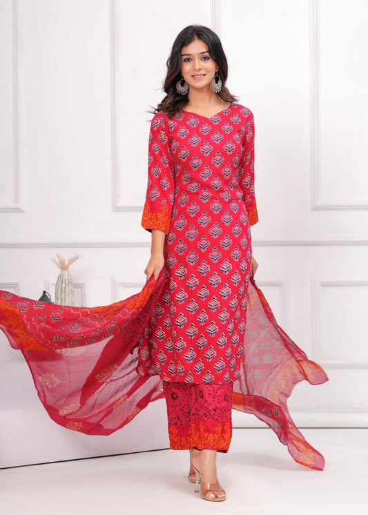 Classic Red Rayon Kurti with Trouser & Dupatta Ensemble