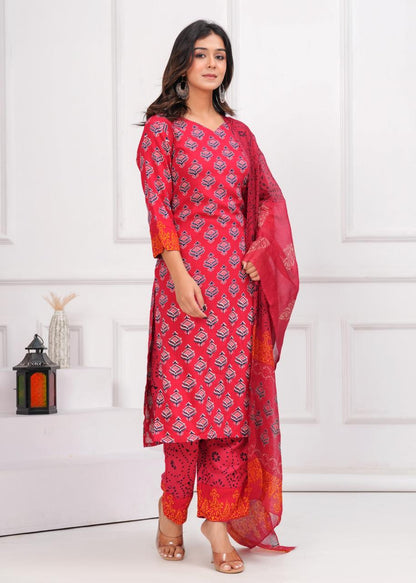 Classic Red Rayon Kurti with Trouser & Dupatta Ensemble