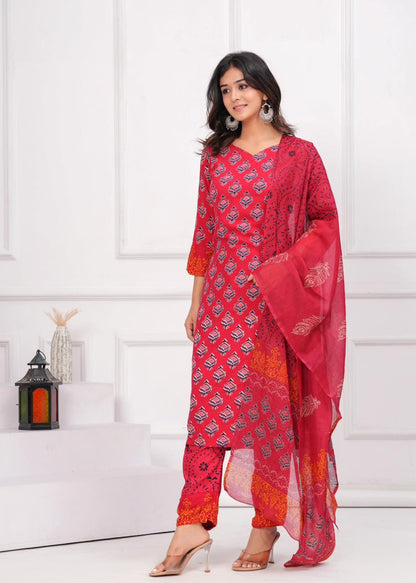 Classic Red Rayon Kurti with Trouser & Dupatta Ensemble