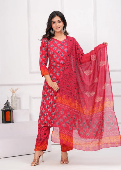 Classic Red Rayon Kurti with Trouser & Dupatta Ensemble