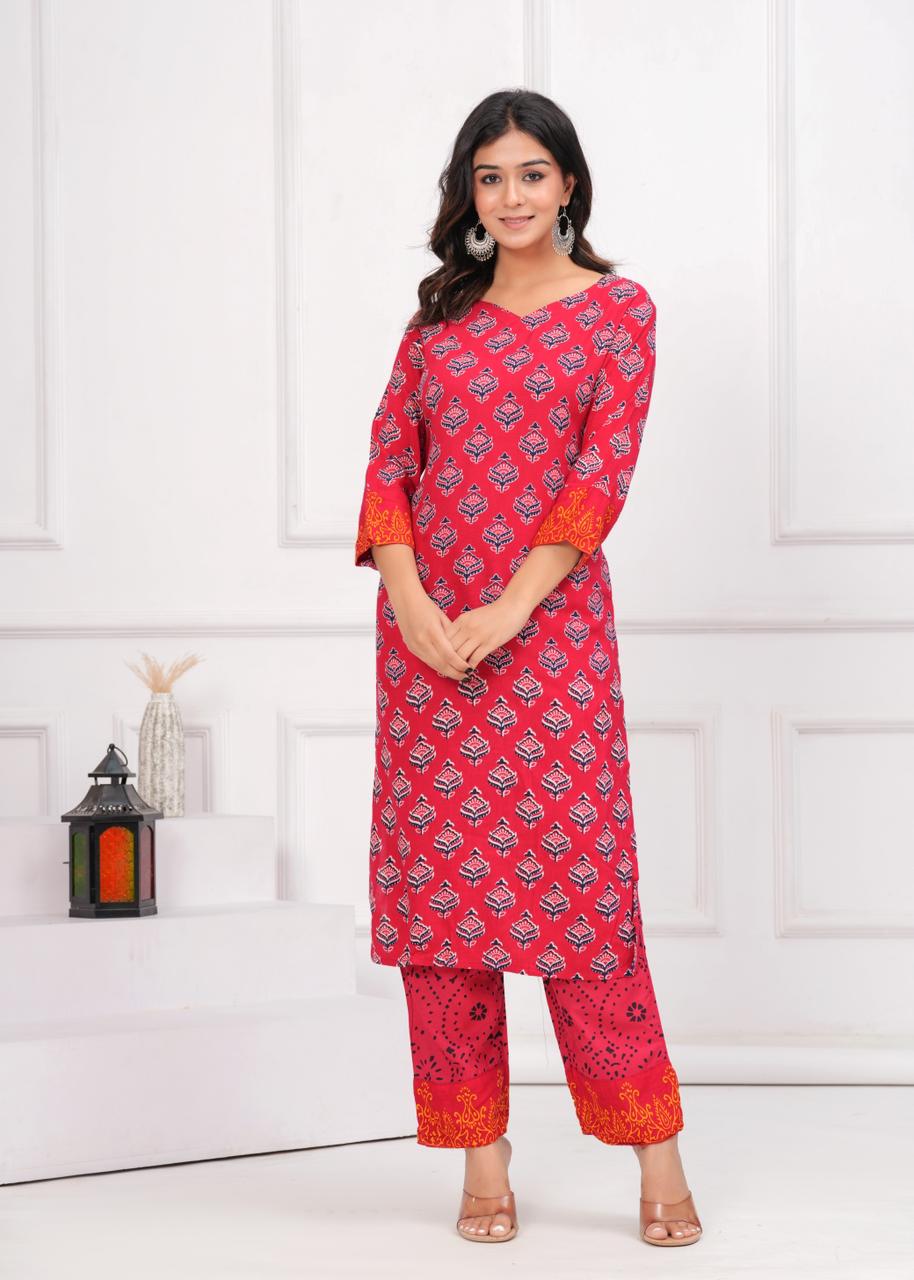 Classic Red Rayon Kurti with Trouser & Dupatta Ensemble