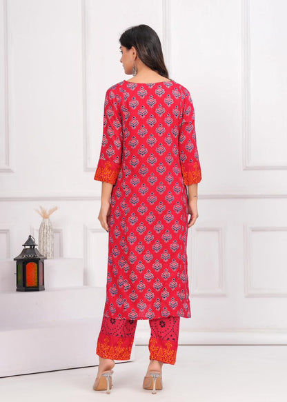 Classic Red Rayon Kurti with Trouser & Dupatta Ensemble