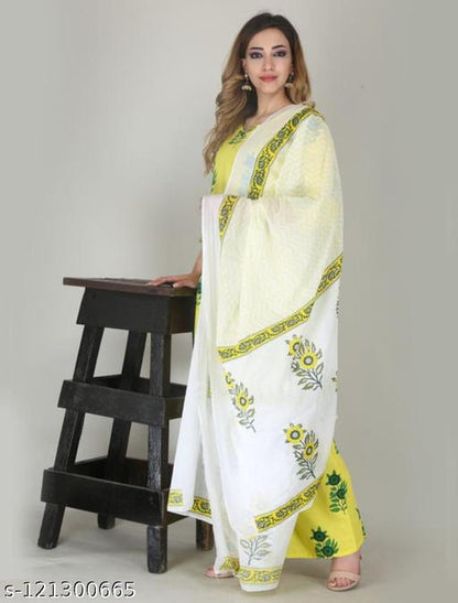 Yellow Floral Kurti Set with Trousers & Dupatta