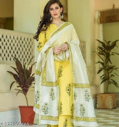 Yellow Floral Kurti Set with Trousers & Dupatta