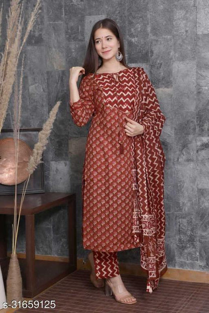 Brown Kurta Set with Matching leheriya print Dupatta & Trouser