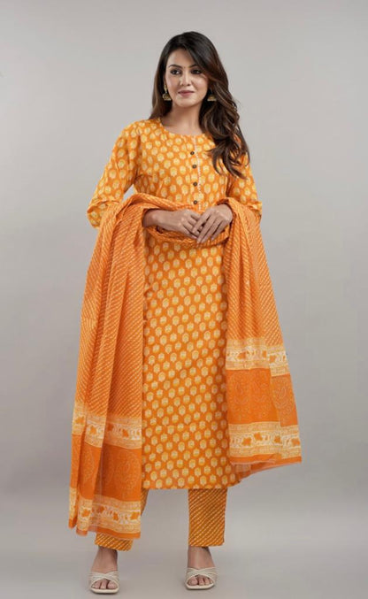 Printed cotton Kurti Set with Dupatta & Trousers