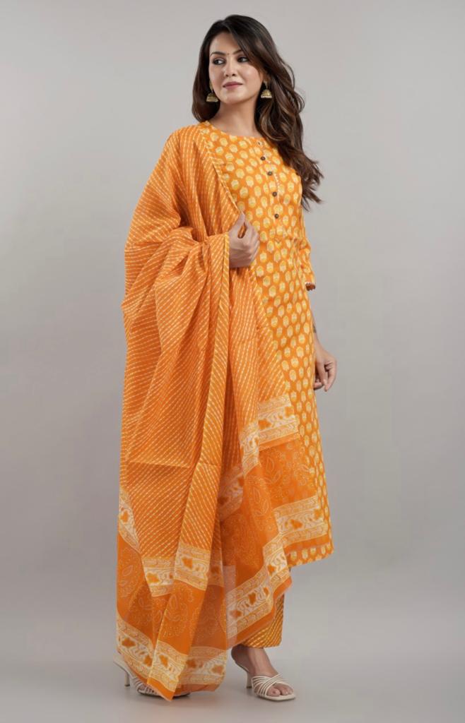 Printed cotton Kurti Set with Dupatta & Trousers