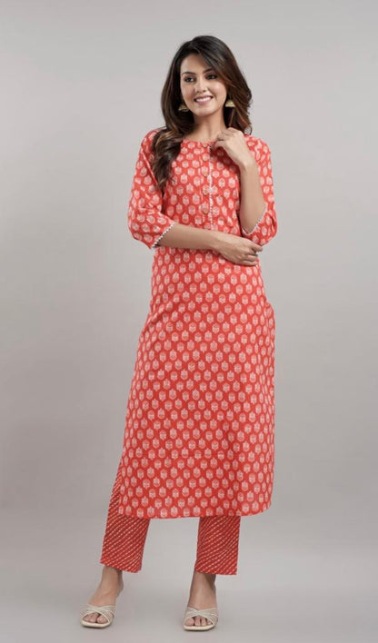 Printed cotton Kurti Set with Dupatta & Trousers