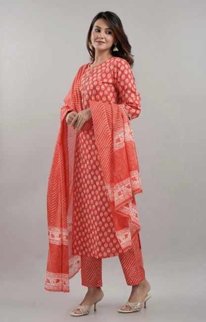 Printed cotton Kurti Set with Dupatta & Trousers