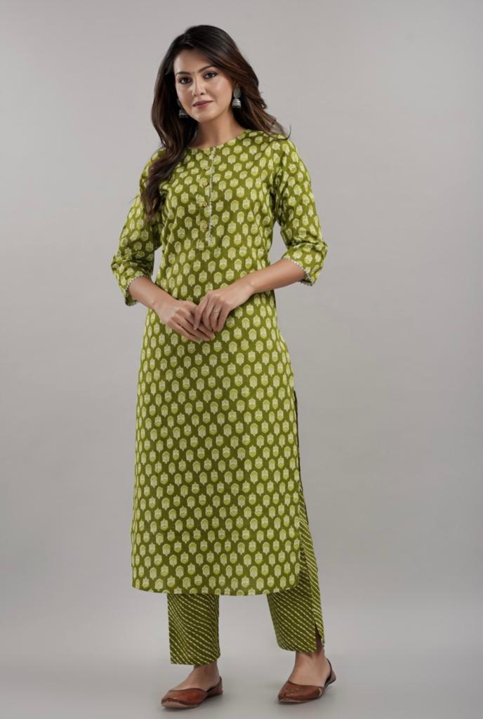 Printed cotton Kurti Set with Dupatta & Trousers