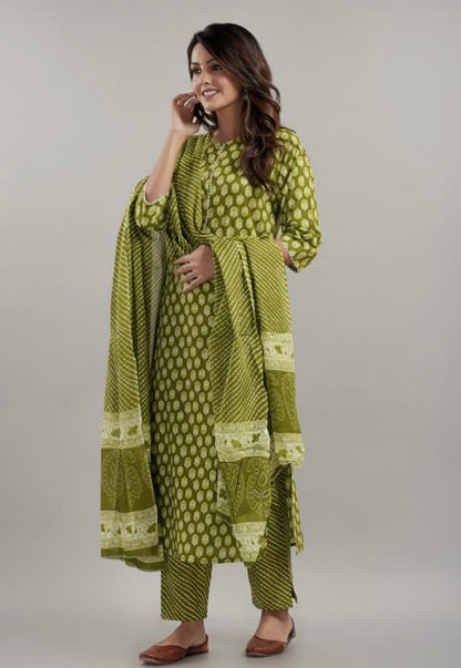 Printed cotton Kurti Set with Dupatta & Trousers