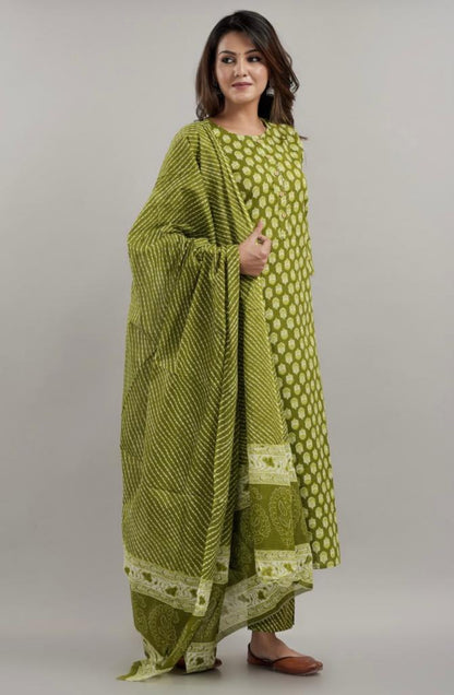 Printed cotton Kurti Set with Dupatta & Trousers