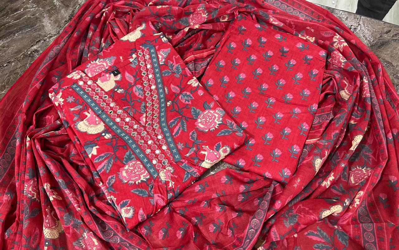 Floral Print Cotton Pant Set with Dupatta