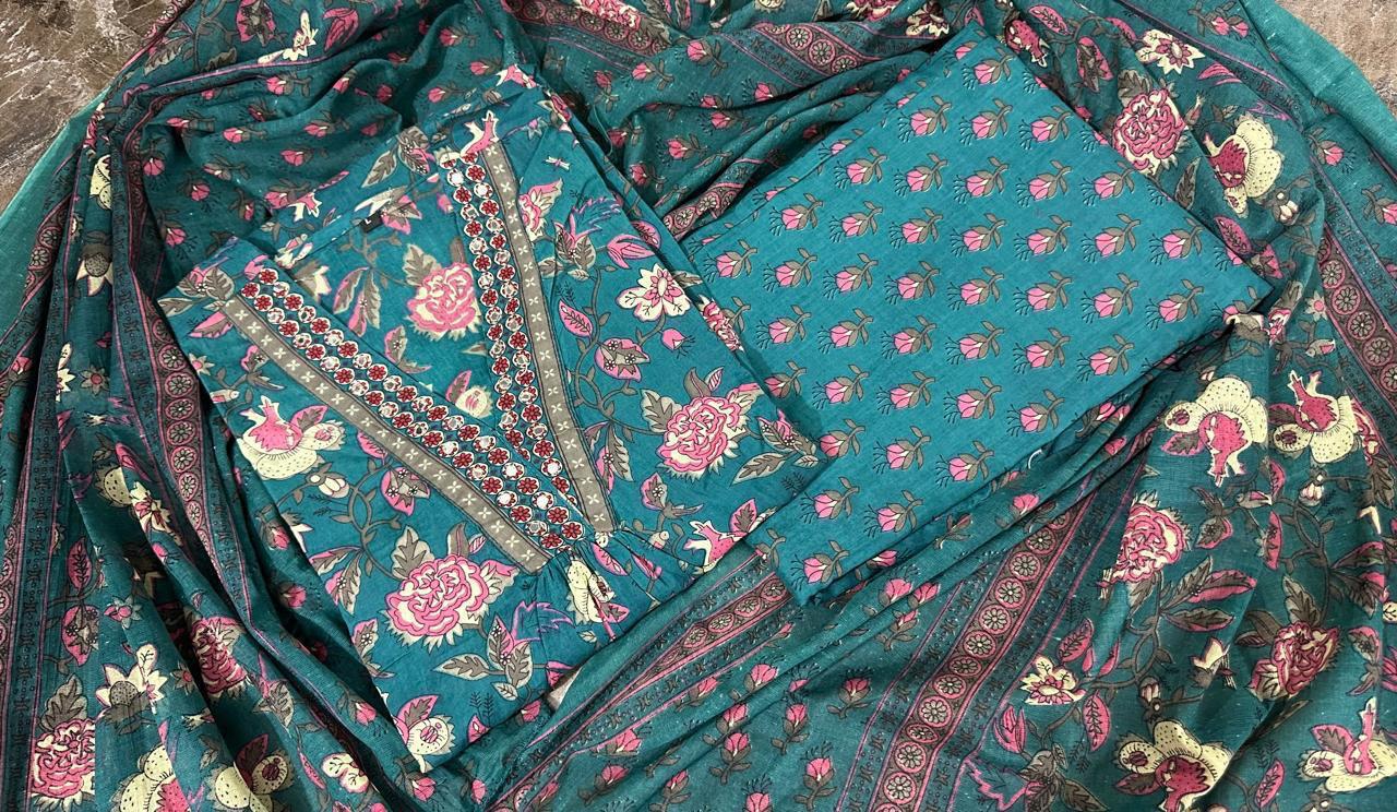 Floral Print Cotton Pant Set with Dupatta